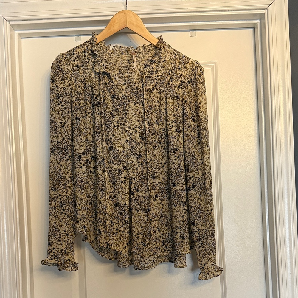 Free People Black and Tan Patterned Blouse